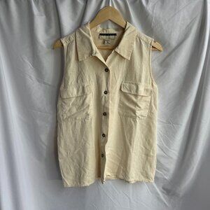 Vintage Cream Silk Sleeveless Button Down Shirt | Minimalist Utility Top